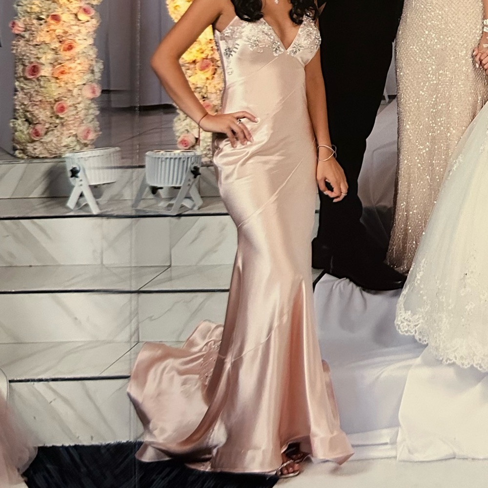 Jovani silk stain pink gown with delicate embellishments size 6